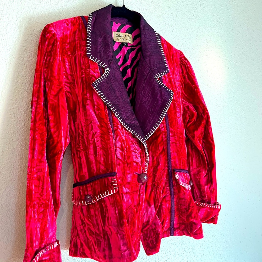 Raspberry pink crushed velvet with rich purple details.